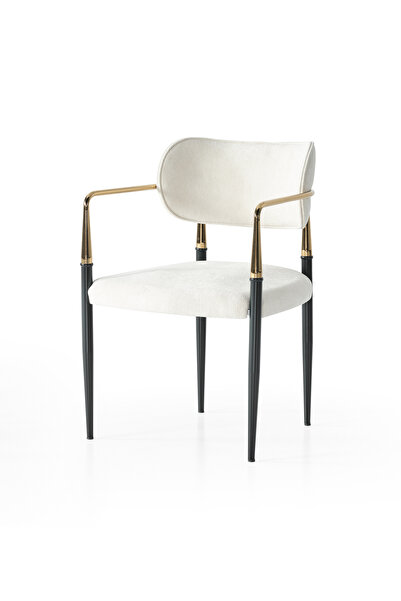 DENGEMA Umay S81 Kollu Sandalye – 2 Adet Sandalye Set, Krem Kumaş, Gold - Siyah Ayak