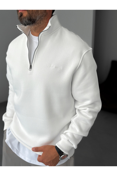 BYBASICMAN Біла кофта з напівзастібкою та вишивкою PM-135
