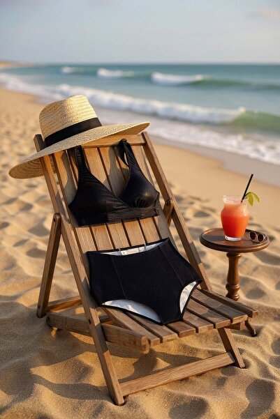 TooHot Women's Ribbed Black High Waist Triangle Strap Bikini Set