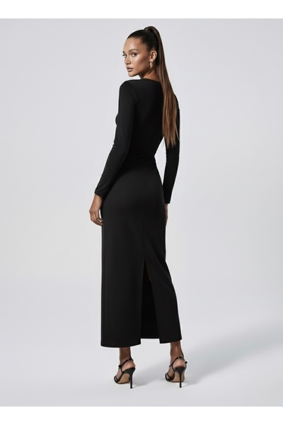 Luna Amada Siyah Dekolteli Uzun Elbise