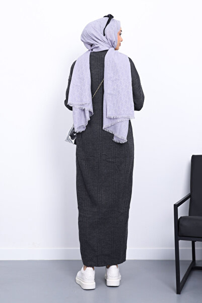 İmajButik Φόρεμα πλεκτό με ραβδώσεις με ψηλό γιακά ανθρακί