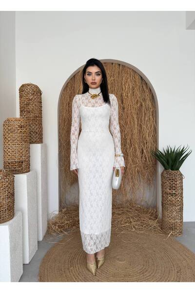 ETİKAFASHION Hakim Yaka Dantel Slim Uzun Elbise