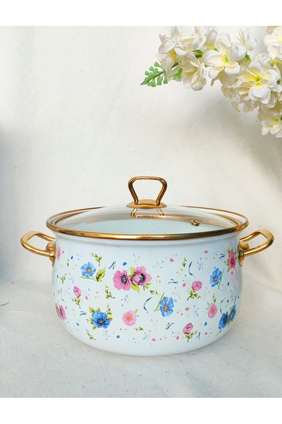 EBRULİEMAYE Pink Flower Enamel Lux Enamel Pot 5 Liters 24 cm Diameter Milk Yogurt Soup Pot
