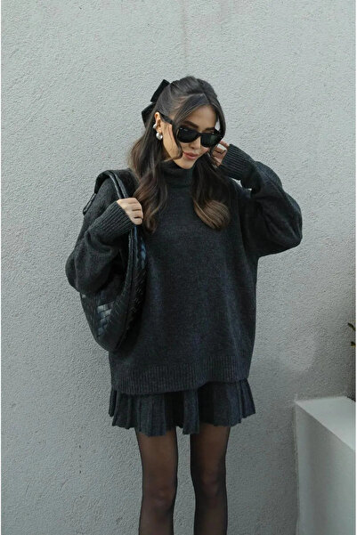 cottonage Anthracite Pleated Mini Skirt Fisherman Sweater Bottom Top Knitwear Set