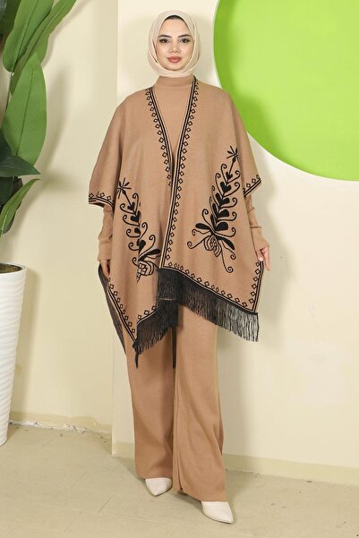 hafsamina Punch-Colored Three-Piece Knitwear Set Camel Hm2814