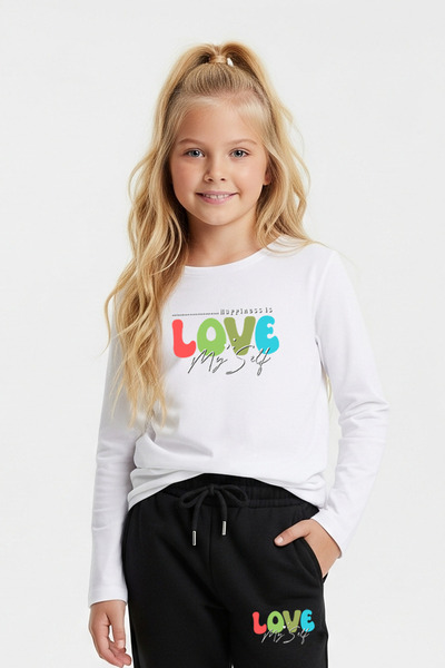 FYK COLLECTİON Zero Yaka Love My Self Printed Girls' Basic Top-Bottom Set