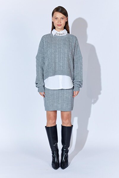 TENA Women's Gray Hair Braided Skirt Sweater Set