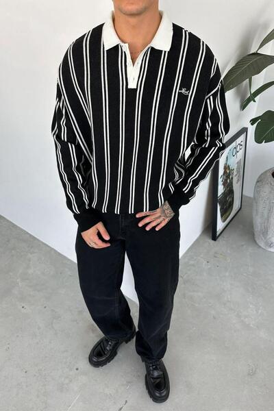 HAFKA Hanorac oversize cu guler polo cu dungi negre