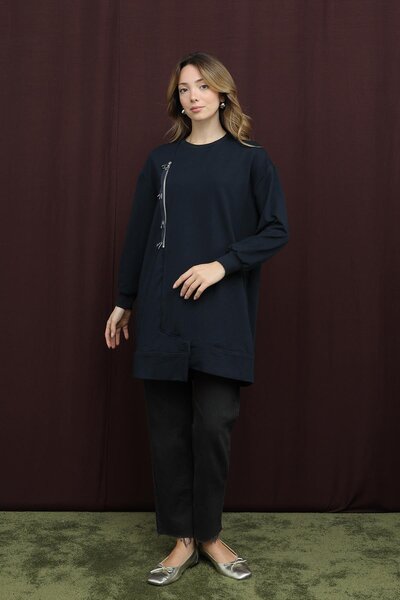 Puane Жіноча туніка з вишивкою та блискавкою - 10735TUN - NAVY