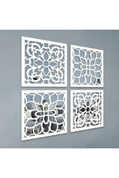 Slasa Set of 4 Traditional Arabic Handcrafted Wooden Wall Art Pieces with Mirrors - Geometric Arabesque De