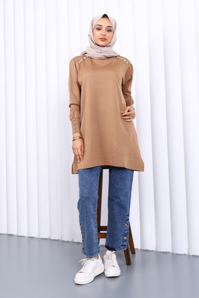 İmajButik Biscuit Shoulder Stone Cold Yarn Knitwear Tunic