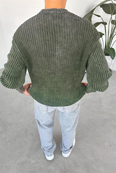 HAFKAGİYİM Khaki Acid Wash Ribbed Oversize Knit Sweater