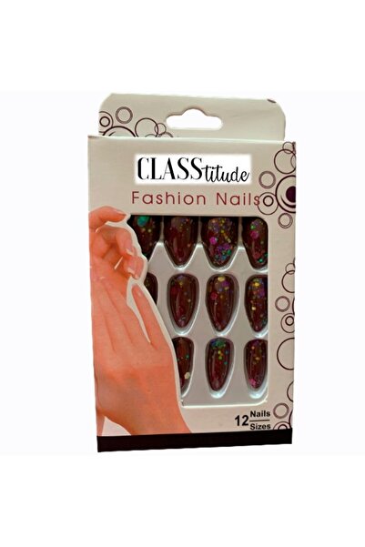 KESNUP Set de 12 unghii false autoadezive cu sclipici, culoare vișinie