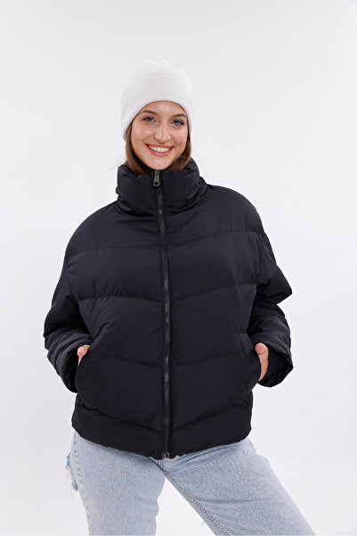 Montland Palton negru căptușit pentru femei - Guler înalt, rezistent la apă - Rezistent la frig