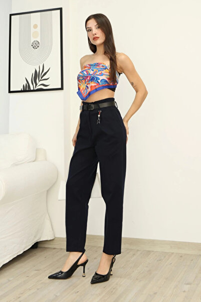 lodmela Accessory detailed pleated gabardine fabric pants 5807-navy blue