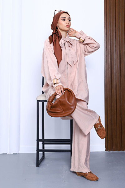 İmajButik Beige Zippered Modal Tunic Trouser Set