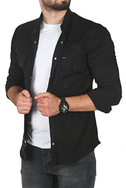 DeepSEA Ανδρικό μαύρο πουκάμισο αθλητικό από βαμβακερό λύκρα μεγάλου μεγέθους – στενή εφαρμογή, κλείσιμο με κουμπωτά κουμπιά 2500423