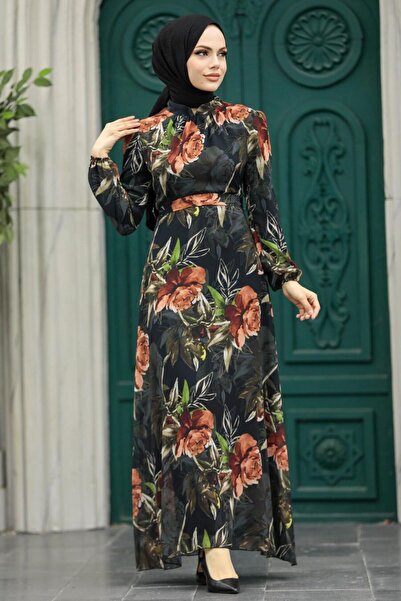 N.S NEVA STYLE Floral Print Black Hijab Dress 27932S