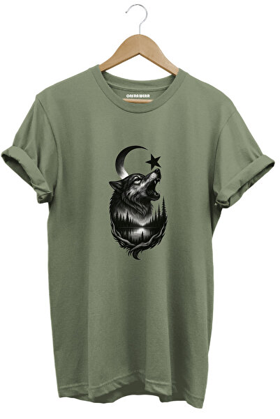 onsrawear Wolf and Moon Star Crescent Printed Landscape and Trees Turcism Turkey Unisex Basic T-Shirt