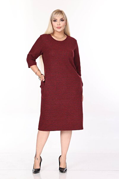 modayız Double Pocket Patterned Stretchy Winter Plus Size Midi Dress 45A-2699