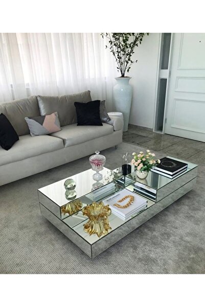 LUXURY VİLLA LUXURY KOMPLE GÜMÜŞ AYNALI TEKERLEKLİ ORTA SEHPA 65X120 YÜKSEKLİ...