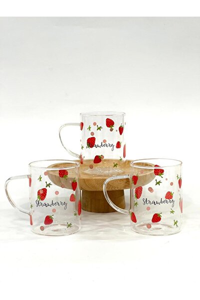 isra kristal Colorful Strawberry Pattern Glass Cup with Handle Set of 3 - Clear Glass Set for Tea, Coffee, and Cold Drinks