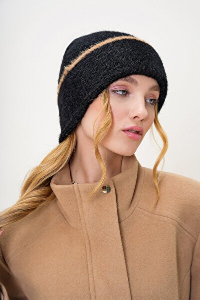 VAGGON Women's Black Stripe Detailed Furry Knitwear Beanie Prmx13257