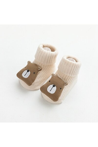 OEM Baby Sock with Attached Toy, Anti-Slip Sole, Cotton, Bear, Brown, 6-12 Months