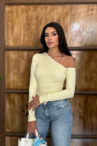 oshebu Yellow – Women's One-Shoulder Detailed Long-Sleeve Blouse Bodysuit