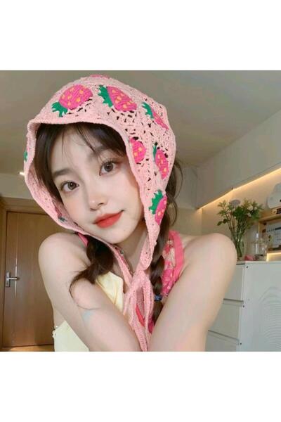 REBORN DESIGN Bohemian Knitted Strawberry Figured Pink Color Cotton Bandana S...