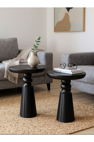 ASELYA HOME Doğal Ahşap 2’li Set Siyah Renk Mantar Yan Sehpa Modern Fiskos Zi...