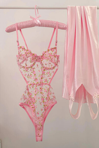 edde Barbie Çiçekli Balenli Balkonet Bodysuit Pembe