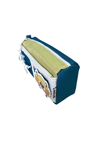 Elegance Yescholar Korean Style Two-Compartment Stickered Fabric Navy Blue-Mustard Pencil Case