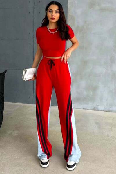 FashionForYou Katalea cotton trousers, with denim, drawstring waist and loose fit, Red, 30