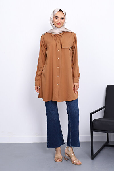 İmajButik Camel Tunic with Pearls on the Shoulders