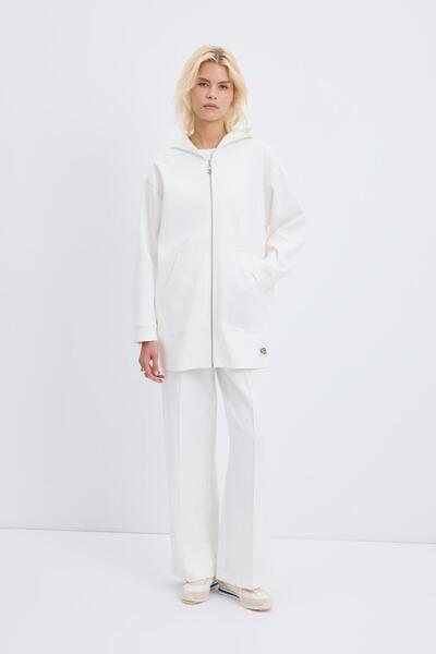 KADRİYE BAŞTÜRK Fermuarlı Kanguru Cepli Kapüşonlu Hırka Ekru