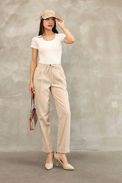lodmela Tie Detailed Elastic Waist Fabric Trousers 6171-Mink