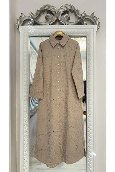 Invee Bej Delik İşi Gömlek Elbise