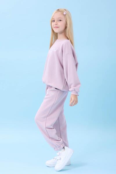 Perendi Girl's Dreamy Embroidered Crew Neck Seasonal Top and Bottom Set in Light Rose Color