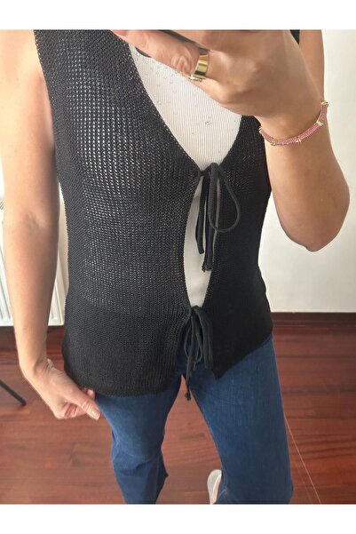 My Blog Vestă neagră, fără mâneci, cu două șireturi, lungă, tricotată