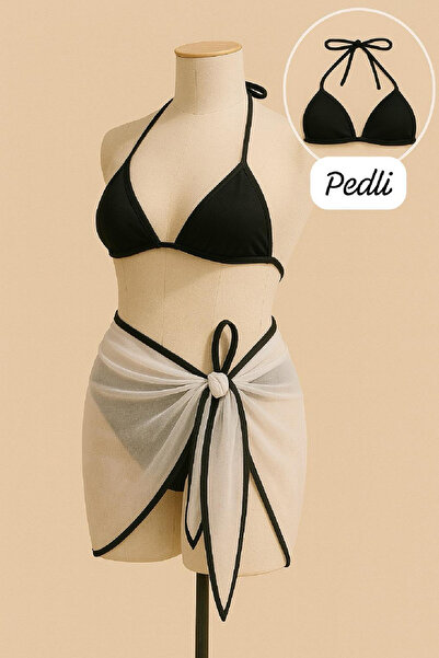 emosavm Women's Black and White Pareo Side and Neck Tie 3-Piece Bikini Set