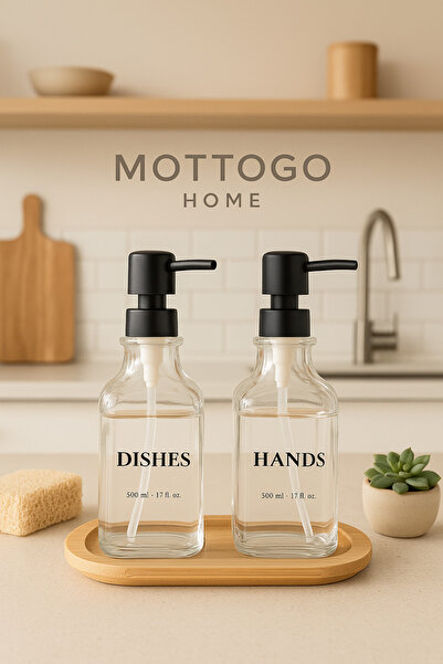 Mottogo Bambu Altlıklı 2'li Cam Sabunluk Seti (Dishes-Hands-Soap-Lotion etike...