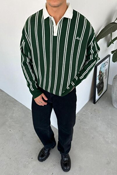 HAFKAGİYİM Πράσινο ριγέ φούτερ με λαιμόκοψη πόλο