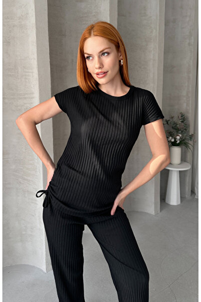 EYYE Black Women's Cotton Gathered Side Ribbed Top and Bottom Set