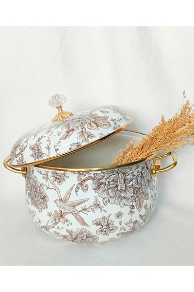 EBRULİEMAYE Cream Bird Enamel Lux Pot 5 Liters 24 cm Enamel Lid Milk Yogurt Stew Pot