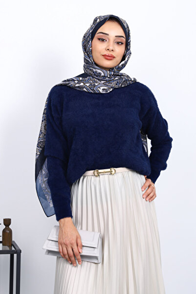 İmajButik Navy Blue Crew Neck Angora Soft Knit Sweater