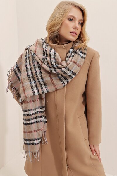 VAGGON Women's Beige Wool Blend Plaid Patterned Shawl Prmx2420-5