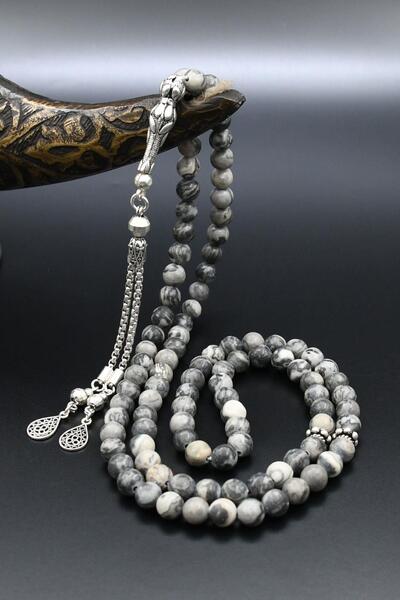 Prestige Natural Gray Jasper Stone 99 Prayer Beads 925 Sterling Silver with Tassels 6mm Sphere Cut 902222