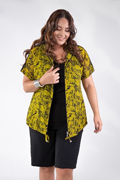 Roxxlen 8018 Δαντελένια μπλούζα με διχτυωτό πλέγμα Γυναικεία μπλούζα με διχτυωτό πλέγμα μεγάλου μεγέθους κίτρινο