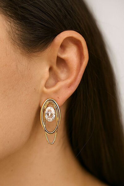 Gunessa Altın Kaplama Oval Taşlı Küpe – Zarif Işıltılı Kadın Küpe Modern Tasarım